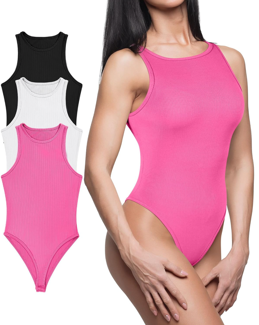 3 Pack Women's Bodysuits, Sleeveless Ribbed Bodysuits Crew Neck Bodysuit Tanks Basic Leotard Tops M