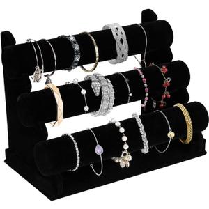 OSPNIEEK Velvet Bracelet Holder with 3 Tier Rack, Black Detachable Jewelry Display Stand T-Bar Necklace Storage Organizer for Bangles Watch Bracelets Scrunchies Organization Showcase