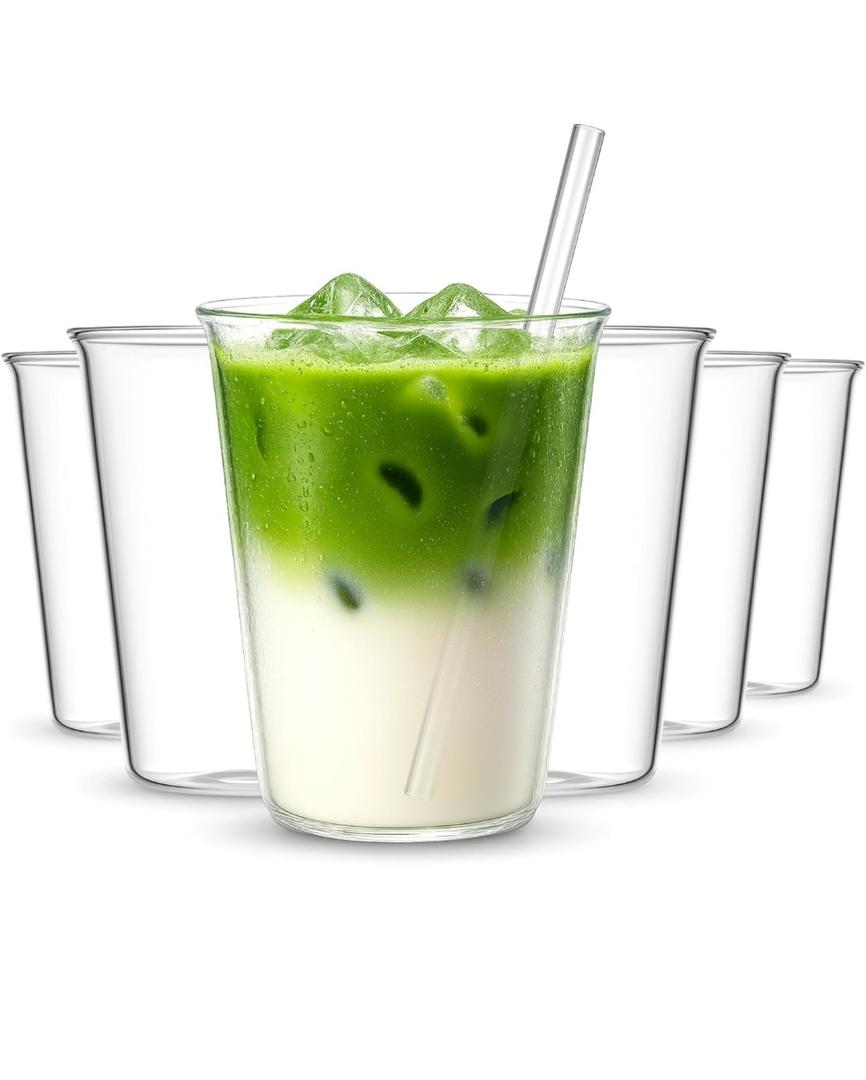 Set of 6 11.8 oz Clear Drinking Glass with Straws 340 ml Iced Tea Beer Cups Heat Resistant Kitchen Glassware for Juice, Beverage, Cocktail, Coffee, Soda