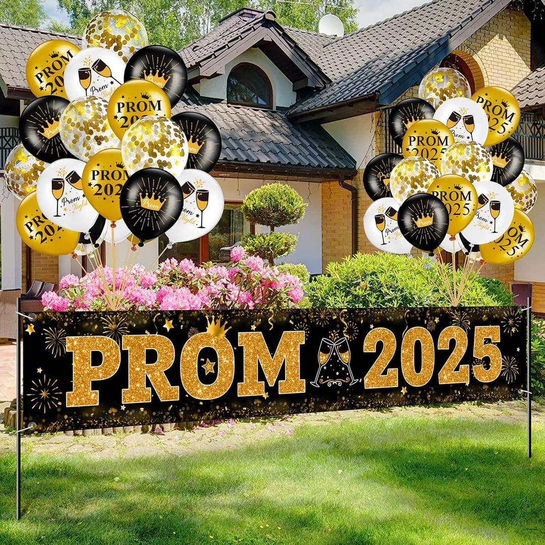 Graduation Prom Banner Decorations for Party 2025, Black and Gold Prom 2025 Decorations Yard Sign Banner with Balloons for Prom Send Off Decorations 2025, 9.8 X 1.6 ft