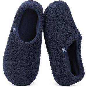 HomeTop Women's Fuzzy Curly Fur Memory Foam Loafer Slippers with Polar Fleece Lining (9-10, Navy)