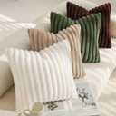 decorUhome Summer Cozy Faux Fur Throw Pillow Covers 18x18 Set of 2 Decorative Soft Plush Striped Modern Farmhouse Boho Couch Pillow Cases with Velvet Back for Sofa Bed Living Room, Cream White