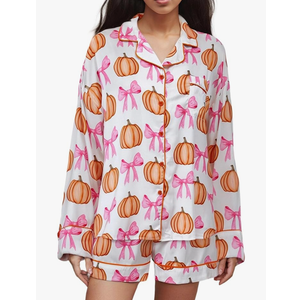 Women's Halloween Pajamas Set Silk Satin Ghost Pumpkin Print Long Sleeve Button Down Shirt 2 Piece Pjs Shorts Sets Size XL