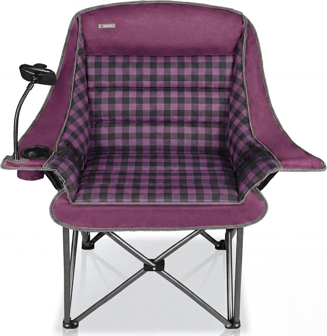 Oversized Camping Chairs for Adults- Heavy Duty Extra Large Lawn Chair,Folding Comfy Padded Camp Chair for Outdoor Sports Garden Beach Fishing,Wide&Thick,Purple Plaid