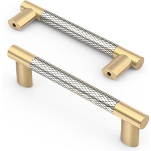 Asidrama 10 Pack 4 Inch(102mm) Knurled Gold and Brush Satin Nickel Kitchen Cabinet Handles, Cabinet Pulls Kitchen Cabinet Hardware Cupboard Handles Drawer Pulls 4496A