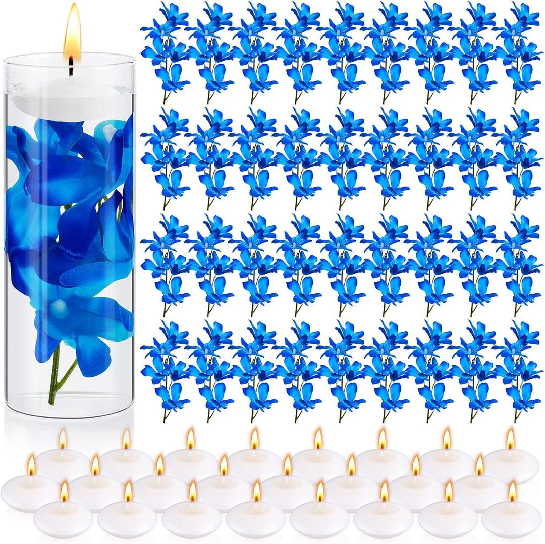 Hanaive 42 Pcs Blue Orchids Artificial Flower Vase Fillers for Floating Candles Wedding Table Centerpiece Blue Orchid and Unscented Floating Candles for Wedding Table Christmas Party Home Decoration