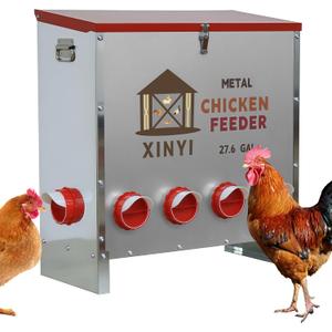 XINYI Automatic Metal Chicken Feeder, 27.6 Gallon Large Capacity with 10 No Waste Ports, Gravity Feeder with Locking Lid & Riveted Handles, Rodent Proof and Weatherproof for Your Chicken Coop