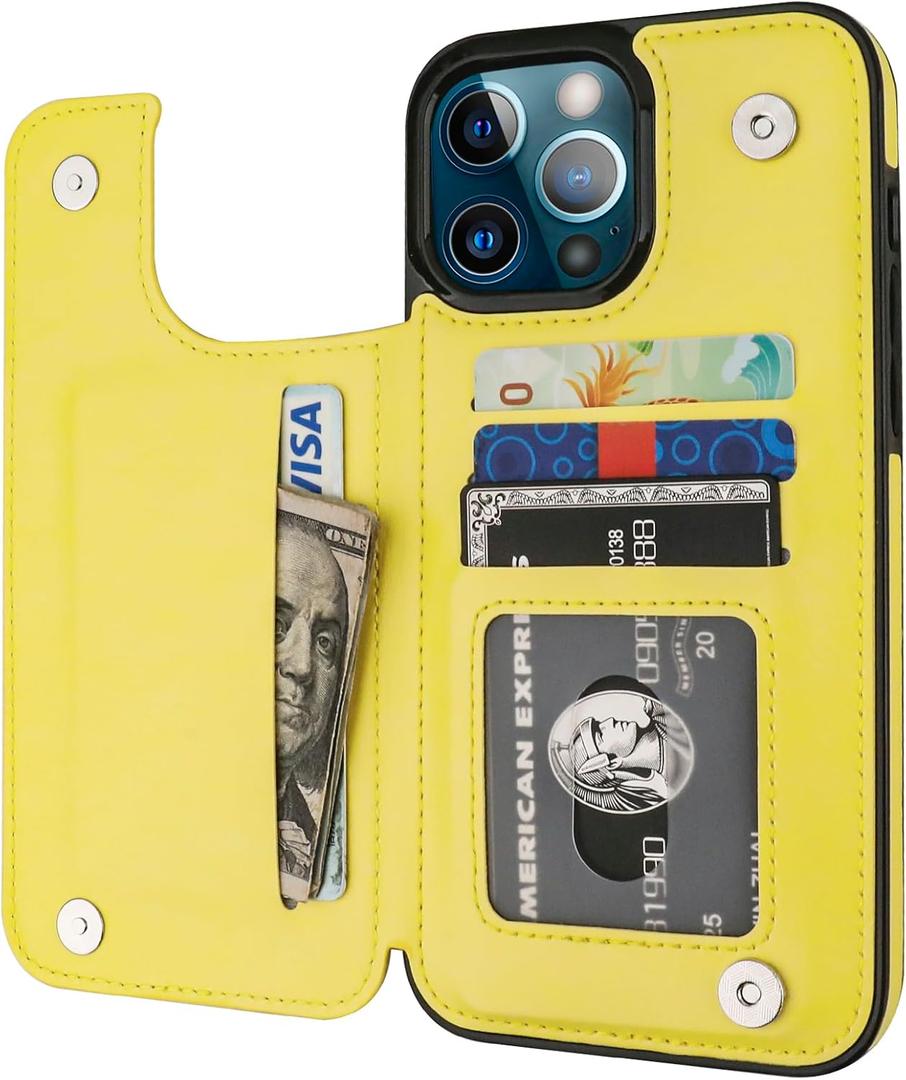 ONETOP Compatible with iPhone 13 Pro Max Wallet Case with Card Holder, PU Leather Kickstand Card Slots Case, Double Magnetic Clasp and Durable Shockproof Cover 6.7 Inch (Yellow)