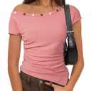 SHEWIN Women Tops Summer Short Sleeve Shirts Dressy Casual Sexy Boat Neck Tshirt Trendy Date Night Off Shoulder Blouses 2026 Going Out Clothes Size XL, Pink (Pink, XL)
