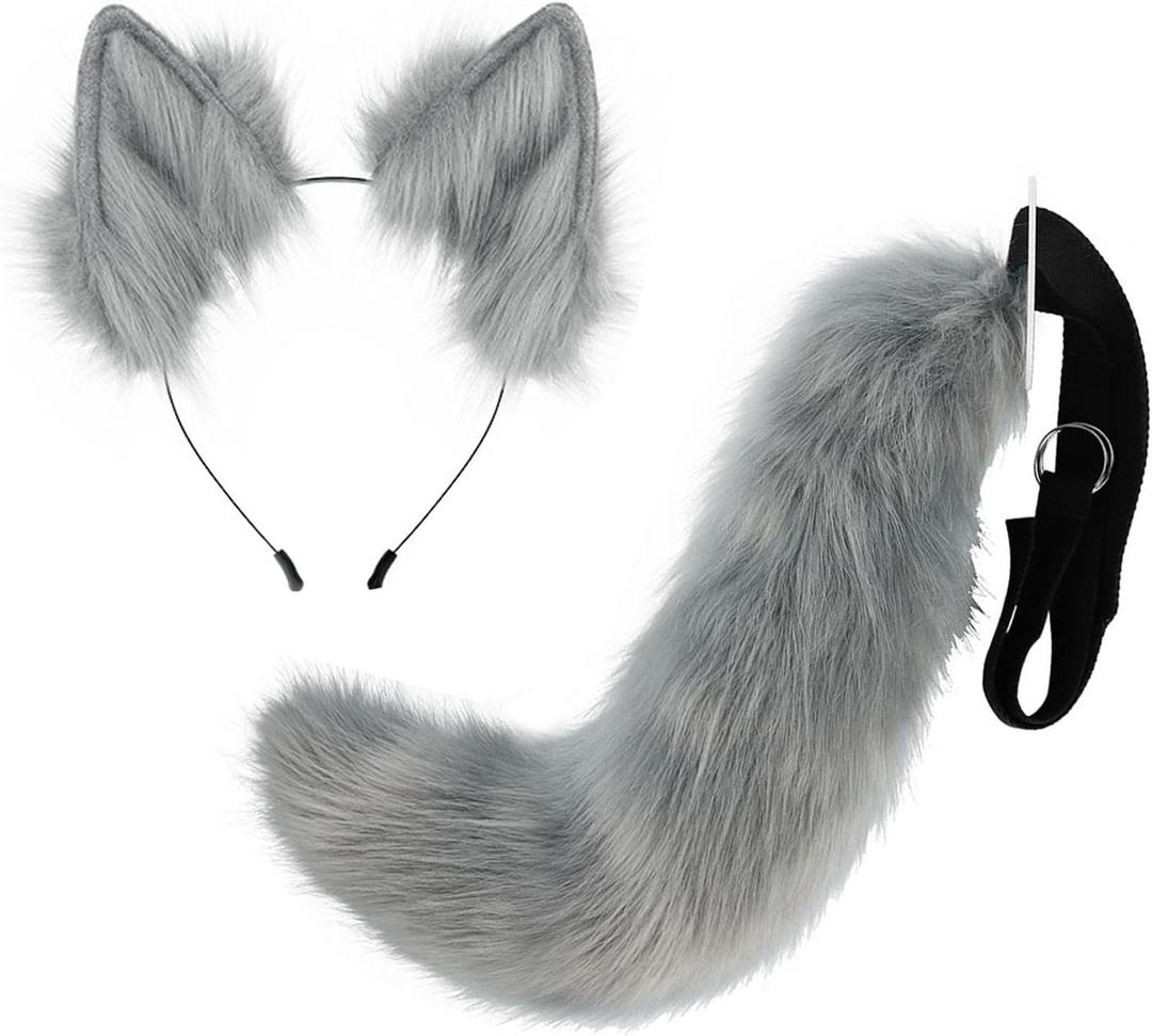 Merkaunis 2 Pcs Grey Cat Fox Wolf Ears and Tail Set, Wolf Ears and Tail Set, Fox Furry Costume, Cat Ears and Tail for Costume, Halloween, Masquerade Prop, Christmas (Grey)