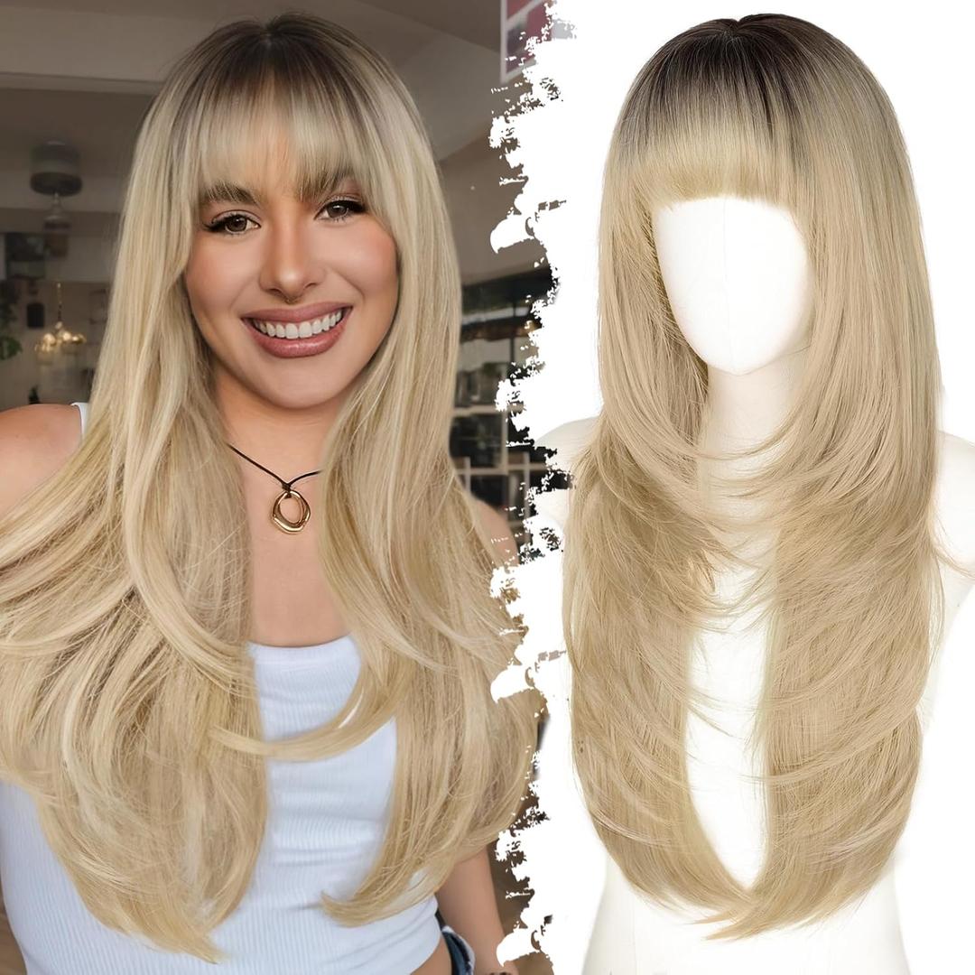 Long Blonde Wig with Bangs for Women- Dark Root to Blonde,4x4 Realistic Scalp, Free Parting, Layered Hairstyle Synthetic Heat Resistant for Daily Party Use 26 inch