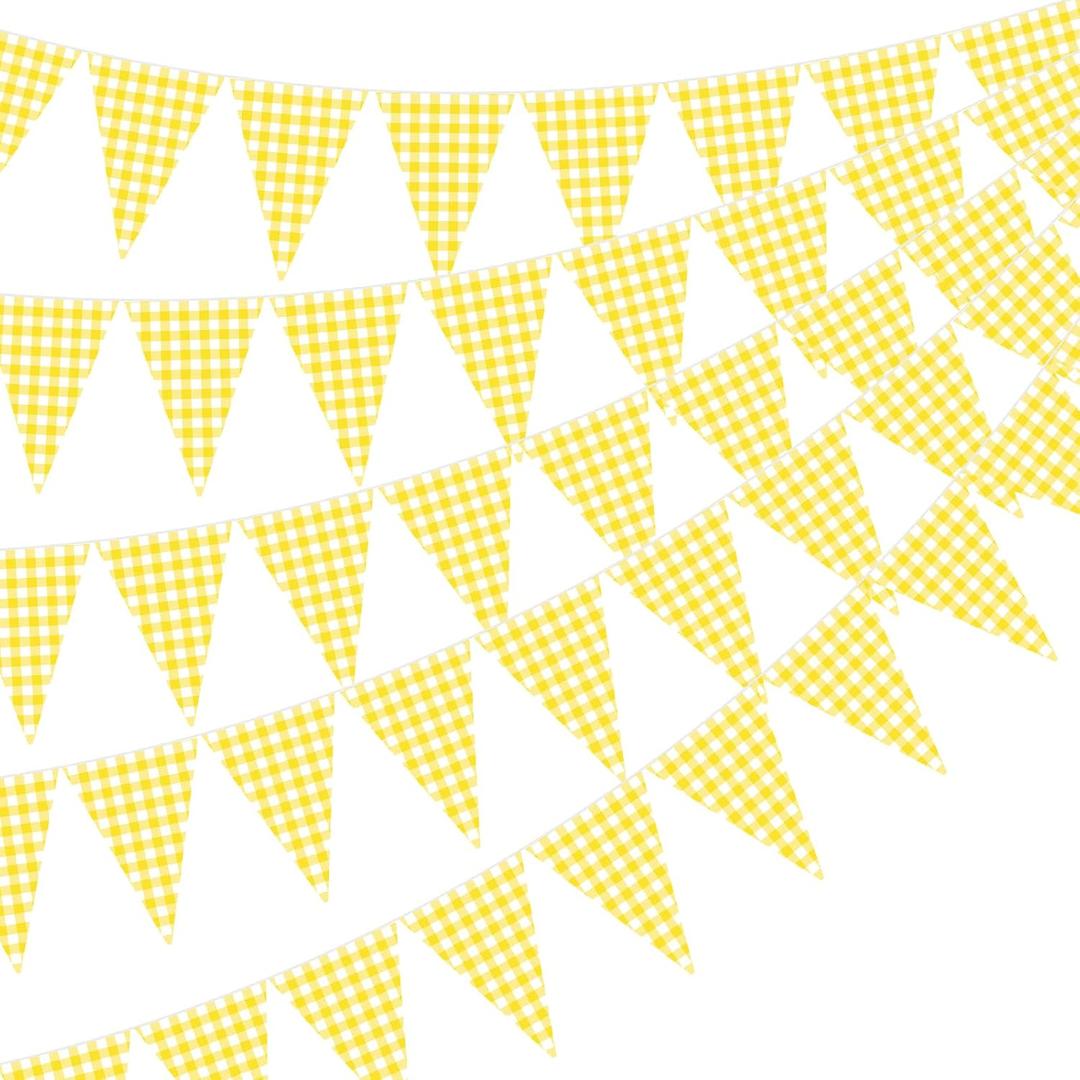 5 Pieces Yellow Gingham Banner Flags 49 ft Yellow Pennant Banner Single Sided Paper Triangle Flag for BBQ Picnic Wedding Nursery Baby Shower Decorations Bunting Birthday Party Supplies