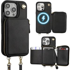 Bocasal for MagSafe Crossbody Wallet Case Compatible with iPhone 16 Pro, RFID Blocking Protective Purse Case with Card Slots Holder Kickstand Wrist Strap Lanyard Zipper 6.3 Inch 5G (Black)