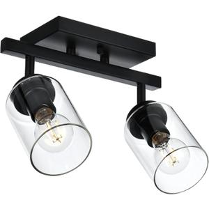 VINLUZ 2 Light Black Bathroom Wall Light with Clear Glass Shade Ceiling Spotlight Fixture with Adjustable Track Heads