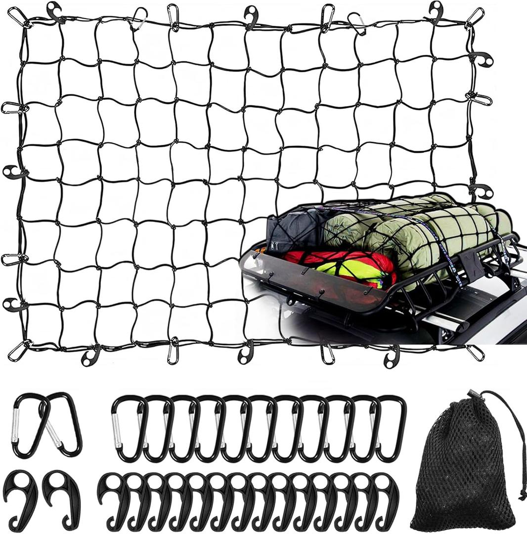 WSSROGY 3' x 4' Cargo Net Stretches to 6' x 8', Heavy Duty Cargo Netting for Pickup Truck Bed, Roof Rack Net with Hooks Carabiners
