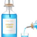 Glass Mouthwash Dispenser Set with Cup & Bamboo Tray, 350ml/11.8oz Refillable Mouth Wash Bottle for Bathroom Countertop, Stainless Steel Pour Spout & Funnel, Modern Vanity Organizer (Clear)