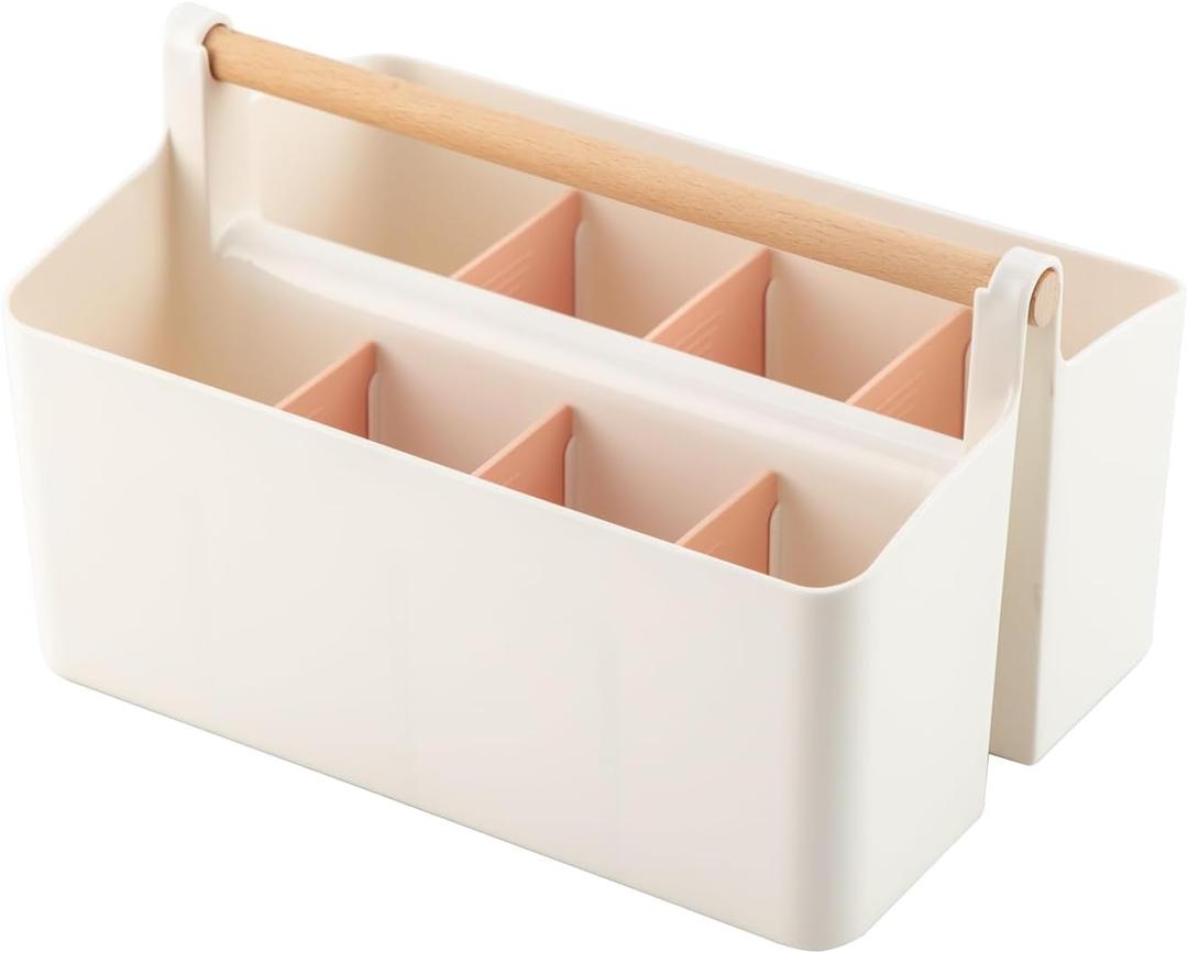 Large Plastic Portable Caddy with Handle, Storage Organizer Bin with Adjustable Dividers for Art Supplies, Crafts, Colored Pencils, Makeup Desk (White+Pink) Large Plastic Portable Caddy with Handle, Storage Organizer Bin with Adjustable Dividers for Art Supplies, Crafts, Colored Pencils, Makeup Desk (White+Pink)