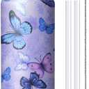40oz Butterfly Water Bottle with Handle and Flip Straw, Floral Sports Stainless Steel Insulated Cup, Travel Coffee Mug Tumbler, Birthday Mothers Day Chritmas Gifts for Women Animal Lovers