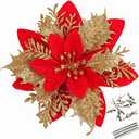 GREENTIME 12 Pcs Glitter Poinsettia 5.5" Artificial Flowers Christmas with Clips Stems Xmas Tree Ornaments for New Year Party Stairs Fireplace Porch Balcony Garden Church Wreath Decoration (Red Gold)