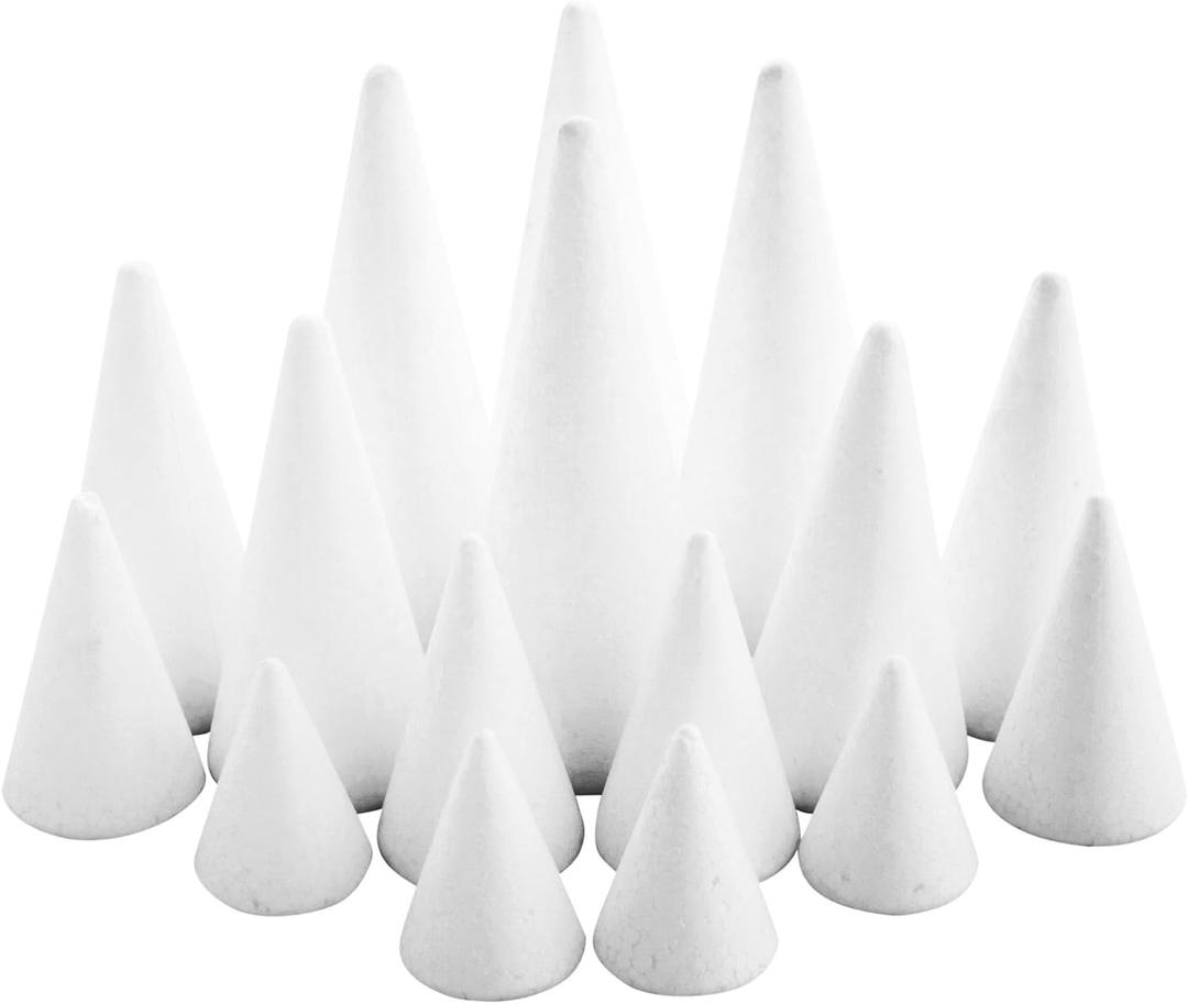Bright Creations 16 Pack Foam Cones for Crafts - 4 Assorted Sizes for Trees, Holiday Decorations - Handmade Gnomes (White, 2.2-6 in)
