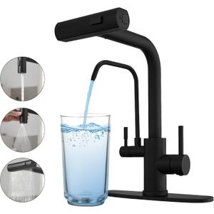 Black Kitchen Faucets with Water Filter and Pull Down Sprayer,Waterfall Kitchen Sink Faucet,Two Handle Sink Faucet with Pull Down Sprayer for 3 Function,Faucets Without Water Filtration Device