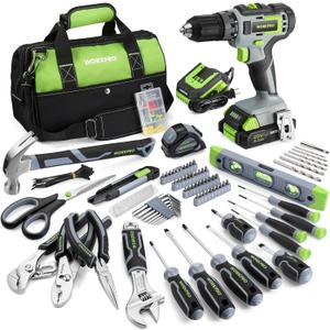 WORKPRO Home Tool Set with 20V Cordless Lithium-Ion Drill Driver, Household Repairing Tool Kit with Drill, 157PCS Power Drill Sets, 14-Inch Wide Mouth Storage Tool Bag, Green (Grey)