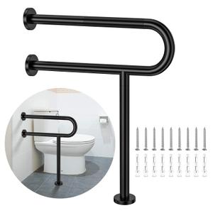 Toilet Support Rail 23.4X 28 Inch, Munzong Anti-Slip Black Handicap Grab Bar for Bathroom, Stainless Steel Knurled Safety handrails with Leg for Elderly Disabled Pregnant-1.25Tube