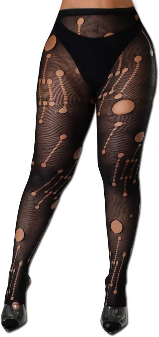 XIUSEMY Women Sexy Tights Fishnet Stockings Patterned Leggings Thigh-High Black Socks Lace Pantyhose (One Size)