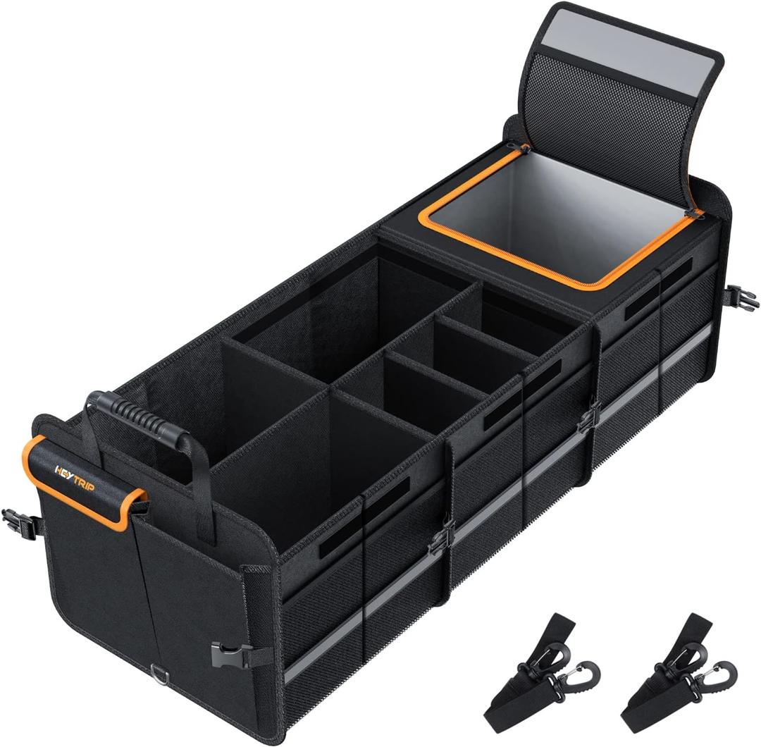 HEYTRIP Large Trunk Organizer With Built-in Leakproof Cooler Bag, 2 Tie-Down Straps, 4 Removable Dividers, Foldable Cover, Built with 2mm PE Board