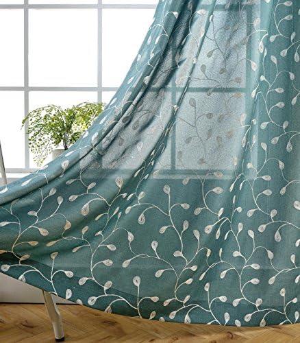 MIUCO Floral Embroidered Semi-Sheer Curtains Faux Linen Grommet Curtains for Living Room 52 x 84 Inch 2 Panels Set, Teal