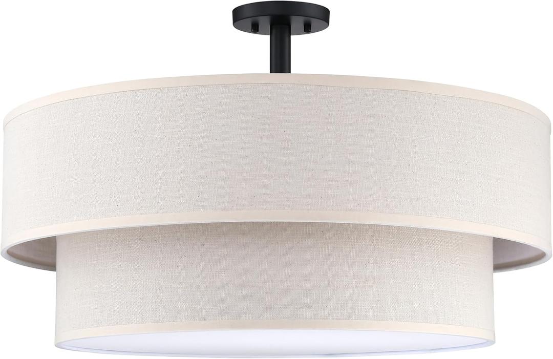 24 Inch LED 28W Adjustable 3000/4000/5000 2 Tier Drum Linen Fabric Shade Semi Flush Mount Close to Ceiling Light Fixture for Bedroom,Living Room,Dining Room Hallway(Black)