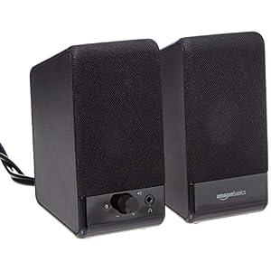 Amazon Basics USB-Powered Computer Speakers with Volume Control for Desktop or Laptop PC, Compact Size, Headphone Jack, Portable, Plug-N-Play, Black