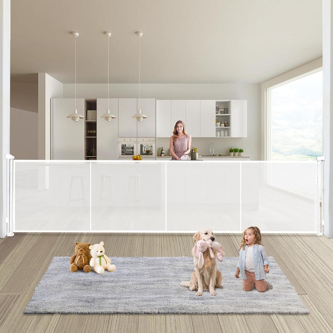 Retractable Baby Gates Dog Gate - 200" Extra Wide Expandable Child Safety Gate, 37" Tall Toddler Pet Mesh Gate with Reinforced Strips for Doorways, Stairs, Hallways, Outdoor & Indoor Large Openings (White)