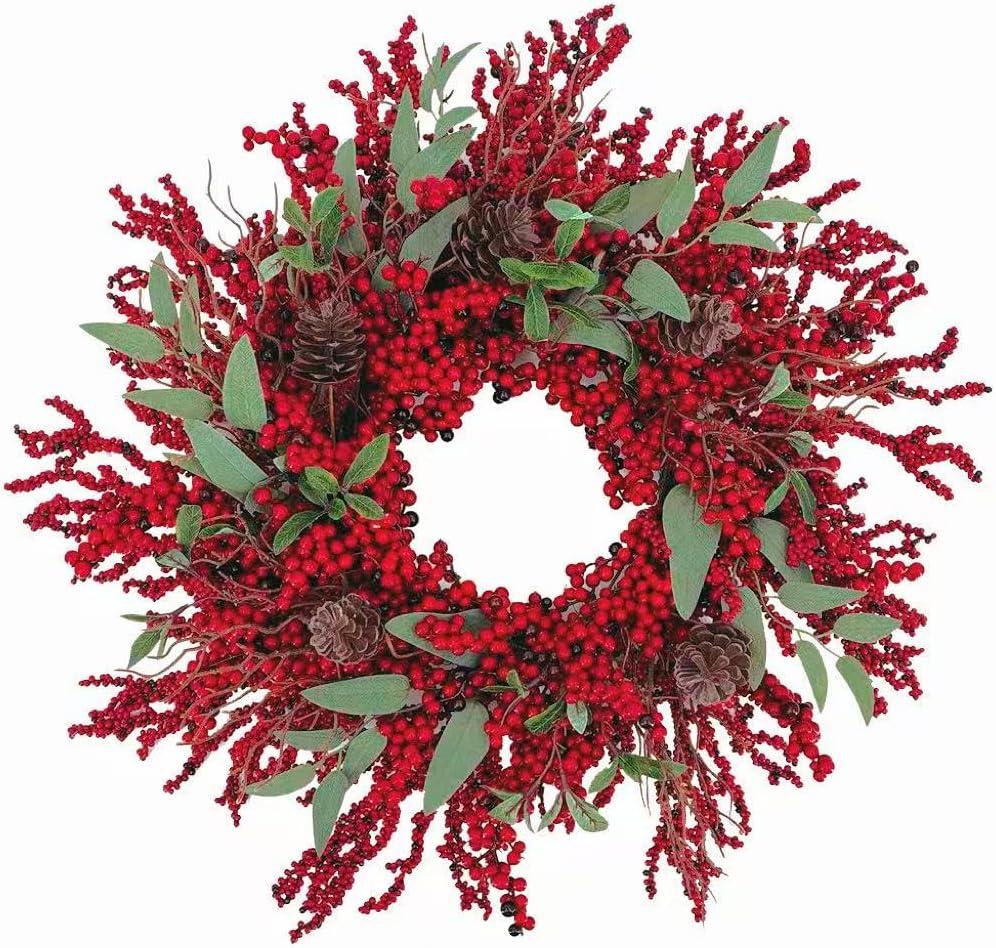 20 inch red Berry Christmas Wreath for Front Door Used for Wall, Window, Porch, Farmhouse, Indoor and Outdoor Home Decoration
