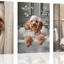 Framed 3Pcs Funny Bathroom Wall Art Dog Playing Phone on Toilet and Taking Bath in Bathroom Pictures Posters Cute Pet Canvas Prints Wall Decor for Dog Lovers Bathroom and Laundry Room Decoration