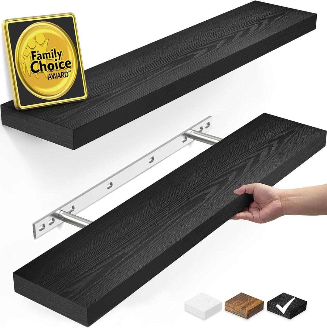 BAYKA Floating Shelves for Wall, 22.5" Wall Mounted Rustic Wood Shelves for Bathroom, Bedroom, Living Room, Kitchen, Office, Hanging Shelf for Books/Storage/Room Decor Capacity (Black, Set of 2) (22.5inches)