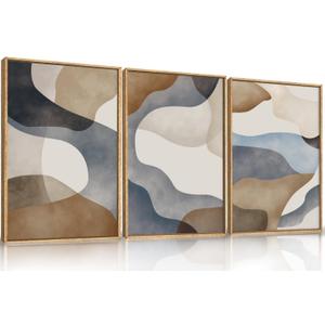 Large Abstract Watercolor Block Framed Canvas Wall Art,Colorful Neutral Geometric Wall Decor,Beige Blue and Brown Artwork,Modern Minimalist Line Art Print for Living Room,Bedroom- 24"x36"x3
