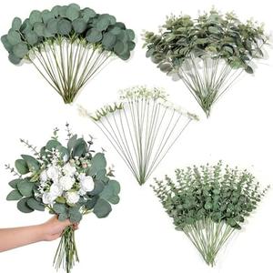 110 Pcs 7 Kinds Mixed Artificial Eucalyptus Stems and Faux Flowers, Fake Silver Dollar Eucalyptus Leaves Stems Bulk Real Touch Leaf Branches for DIY Bouquets Floral Arrangement Wedding Home Decor