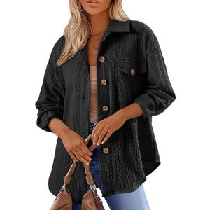 Dokotoo Womens Cable Knit Lightweight Shacket Button Down Shirts Long Sleeve Casual Oversized Blouses Tops (Small, Black)