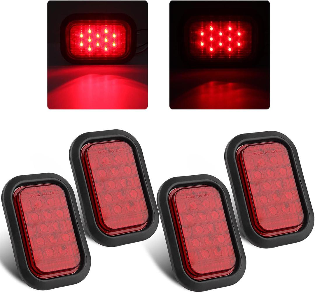5" x 3" Red 12 LED Trailer Tail Lights - 4Pcs 5x3 Rectangle Led Truck Stop Brake Turn Tail Lights Sealed RV Semi Truck Flatbed Taillights w/Rubber Grommets and 3 Prong Wire Pigtails Waterproof