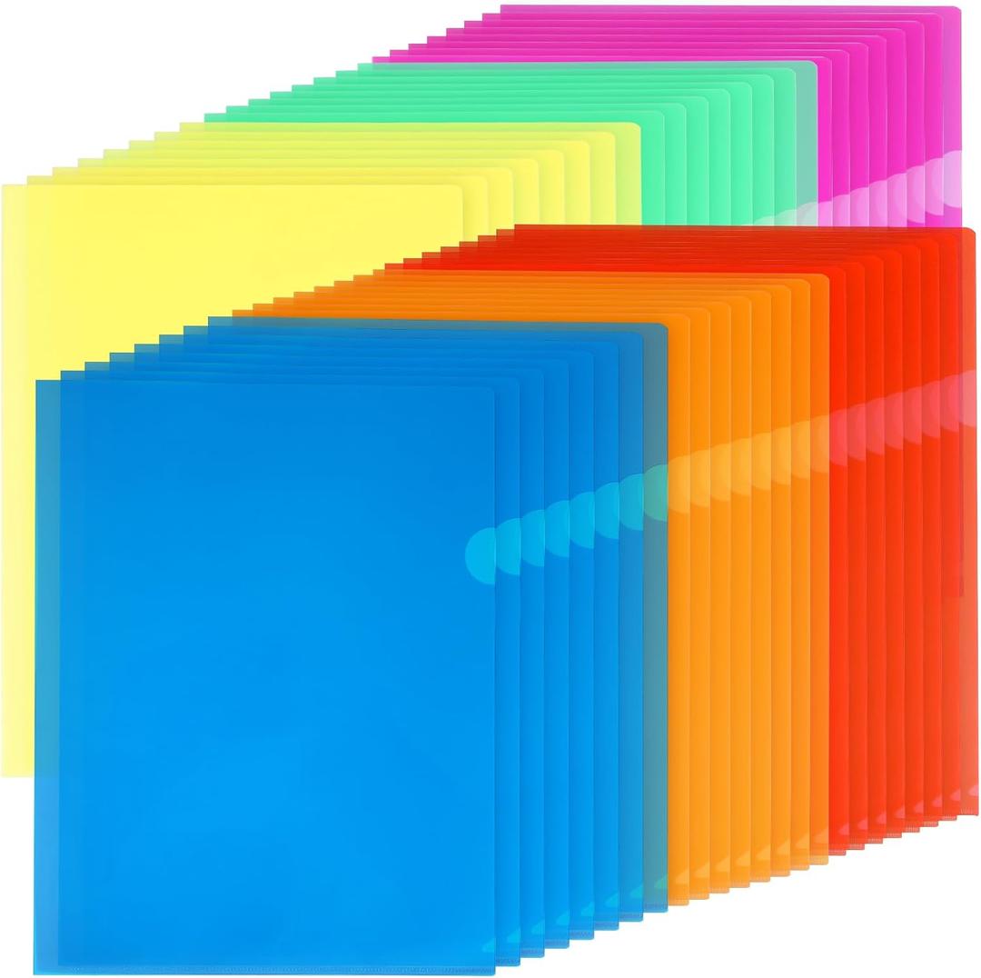 KTRIO Clear Plastic Folders Sleeves 48 Pack, 6 Assorted Colors, Documents Project Pockets for Letter Size 8.5x11 Paper, L-Shaped File Jackets, Acid-Free Poly Plastic