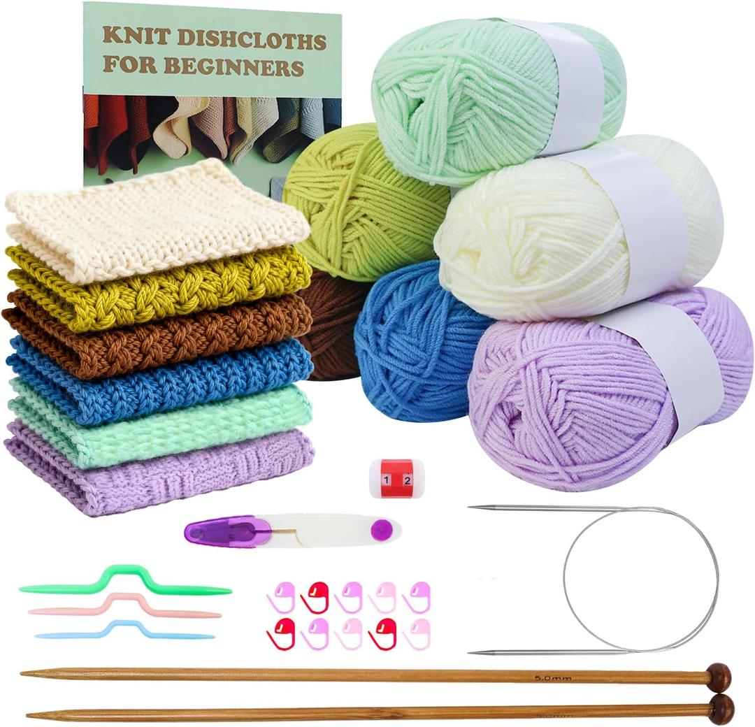 Lewhoo Knitting Kit for Beginners,Learn to Knit Kit for 6 Patterns Dishcloth with Step-by-Step Instruction,Complete Knit Starter Kit -Including Yarn, Knitting Needle&Accessories