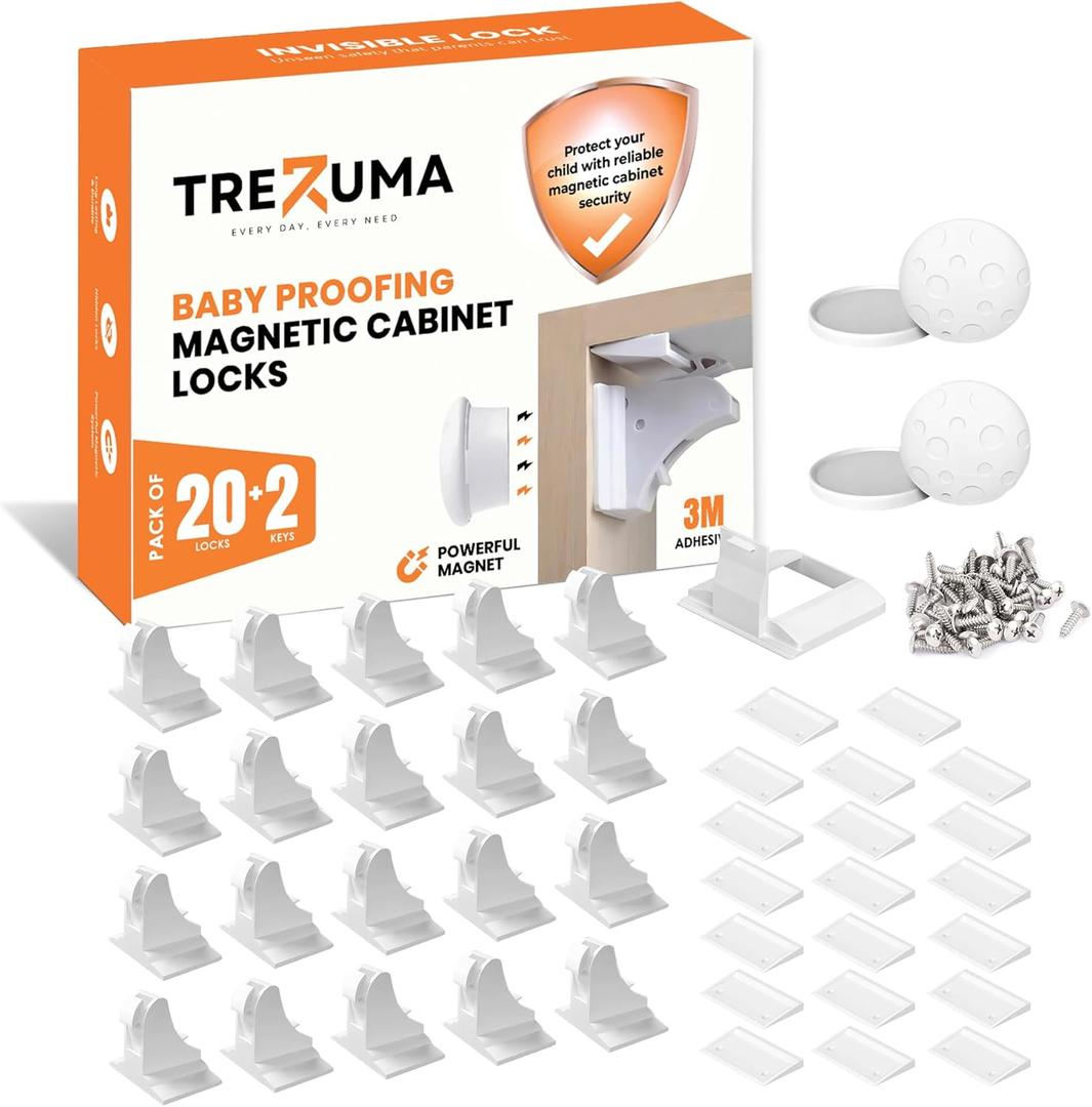 Magnetic Cabinet Locks Baby Proofing (20 Locks + 2 Keys) Child Proof Cabinet Locks with Easy Adhesive Installation Child Safety Locks for Kitchen, Cabinets & Drawers with Optional Screws