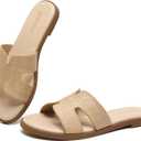 Womens Flat Sandals Dressy Summer Slides Comfortable Casual Open Toe Vacation Sandals Slip On Slides Leather Sandals for Women (8, Raffia)