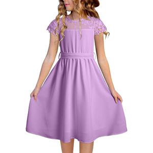 blibean Tween Girls Summer Dresses Kid Short Sleeve Lace Mesh Belted Flower Dress 2025 Party Semi Formal Elegant Fancy Wedding Gust Outfit Solid Casual Dressy Flare Clothes Size 3 Year Purple