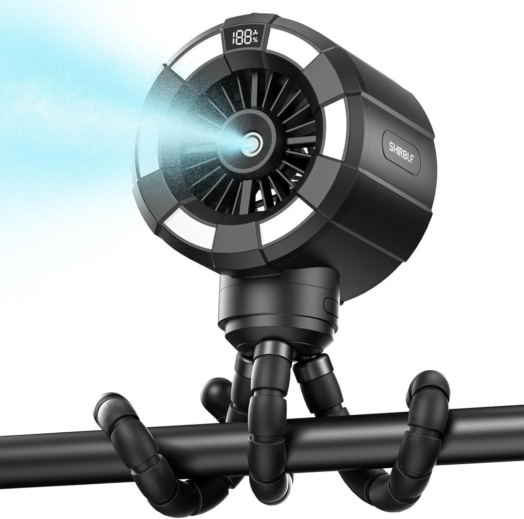 Shirble 6000mAh Misting Fan for Stroller, 3 Speeds Portable Clip Fan with Intermittent/Continuous Spray, 14H Cooling, Detachable Mount, Timer & Night Light for Baby (100ML Water Tank) - Black