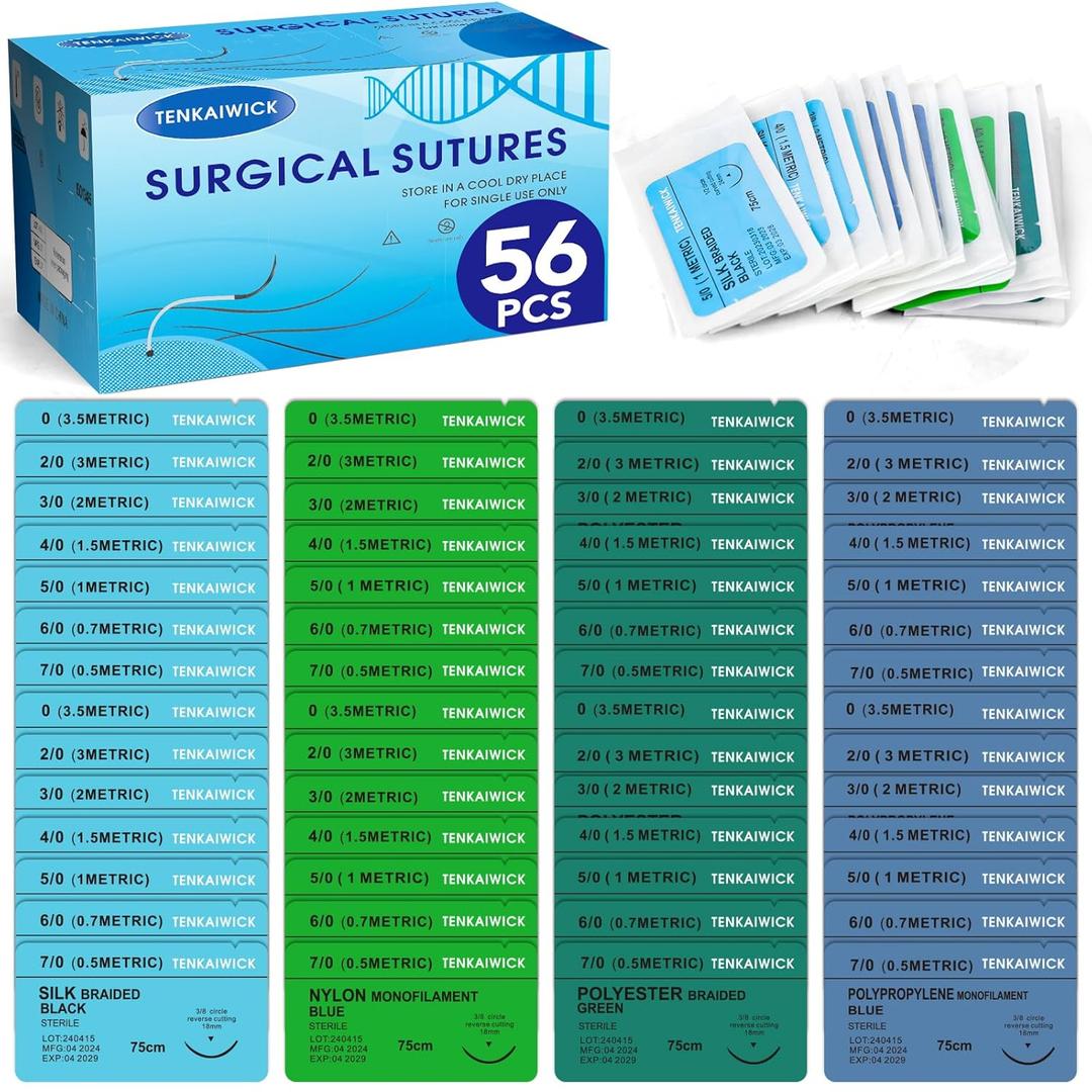 56 Packs Sutures Thread with Needle, Mixed Sutures, Training Threads(0,2/0,3/0,4/0,5/0,6/0,7/0) for Practicing Suturing, 4 Material