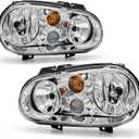 For 1999-2006 Volkswagen Golf MK4 Headlight Assembly with 1999-2002 VW Cabrio/2004 VW Golf R32 Chrome Housing Amber Reflector Headlamp Replacement Driver and Passenger Side