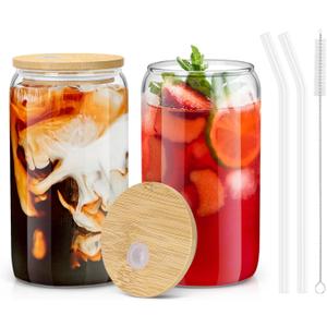 sungwoo 2PCS Glass Cups with Bamboo Lids and Straws, 16OZ Ice Coffee Cup, Drinking Cup set with Wooden Lids, Home Essential Glass Tumblers for Beer, Cocktail, Tea and Latte Clear