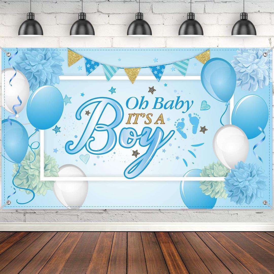 Blulu Baby Shower Party Backdrop Decorations, Large Durable Fabric Made Baby Shower Banner Backdrop Photo Booth Background for Boy's or Girl's Party Supplies(Boy Style)